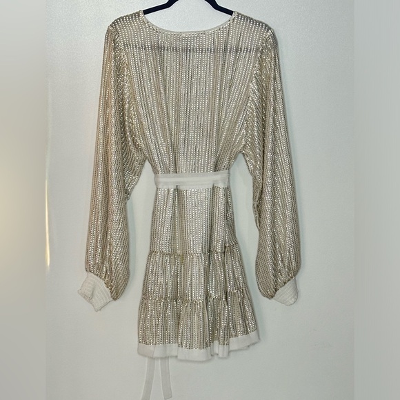 ASOS Champagne Gold/Platinum Metallic Sequins Belted Long Sleeve Wrap Dress - Picture 13 of 15